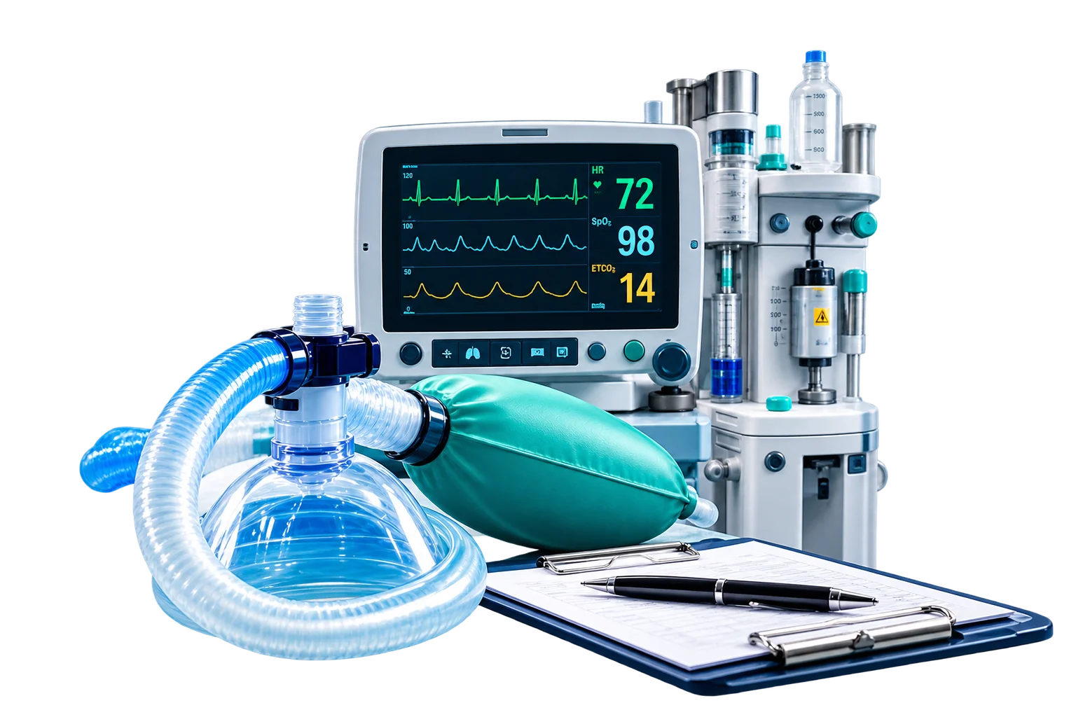 Dental anesthesia equipment, including a patient monitor, breathing circuit, and sedation mask beside a clipboard