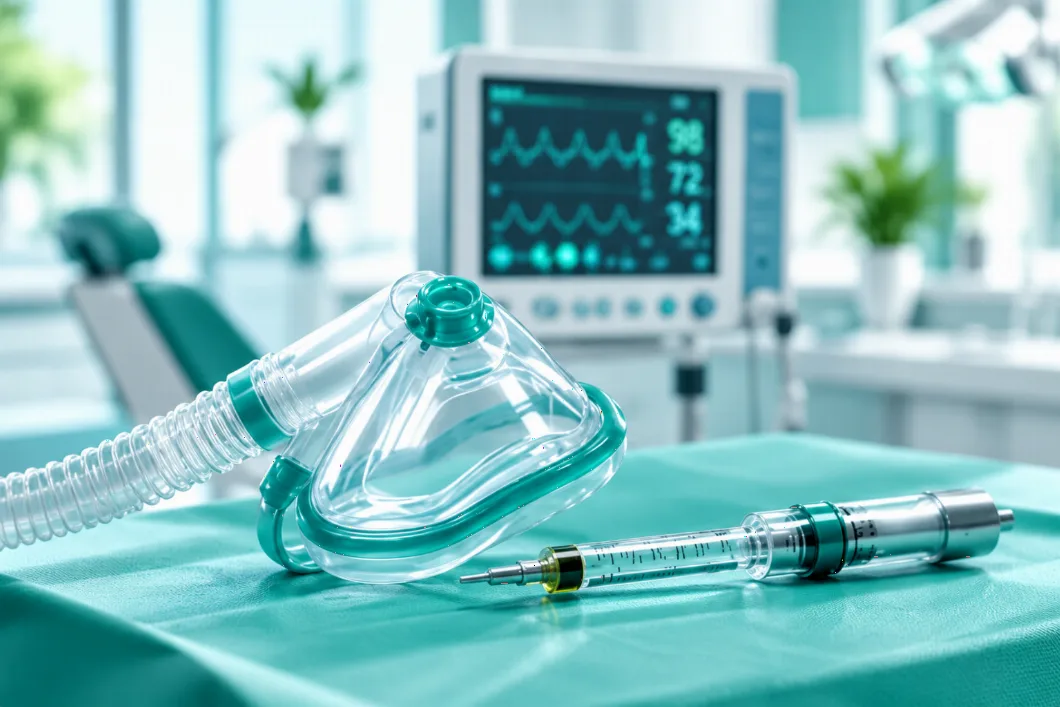 Nitrous oxide mask and sedation syringe on a dental tray with an anesthesia monitor in the background
