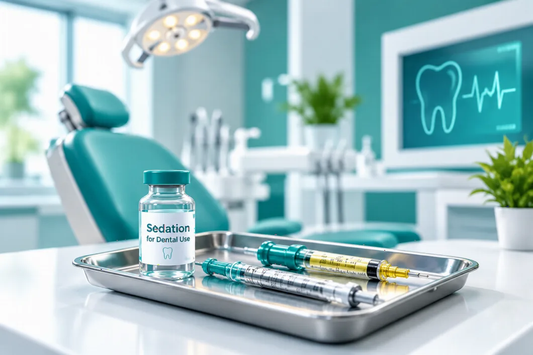 Sedation vial for dental use and prepared syringes on a steel tray in a dental operatory