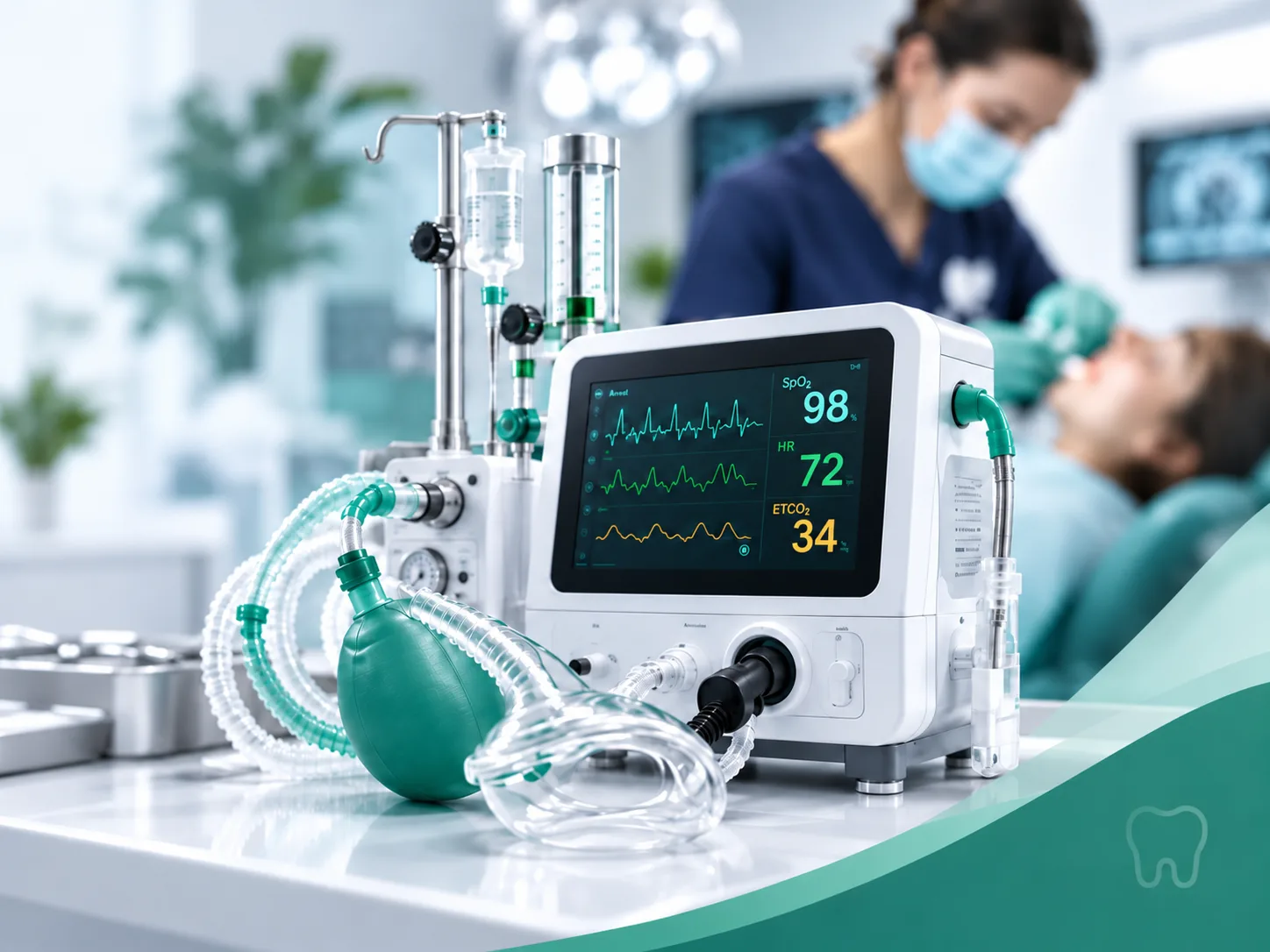 Dentist treating a sedated patient beside an anesthesia monitor showing oxygen saturation, heart rate and EtCO2 readings