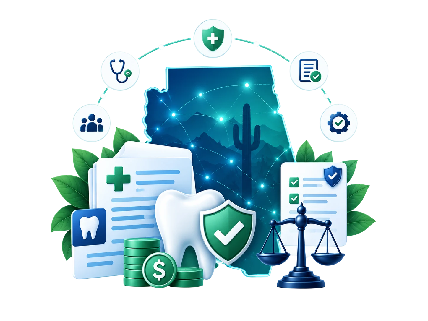 Arizona map with dental claims, compliance, and legal protection illustrations.