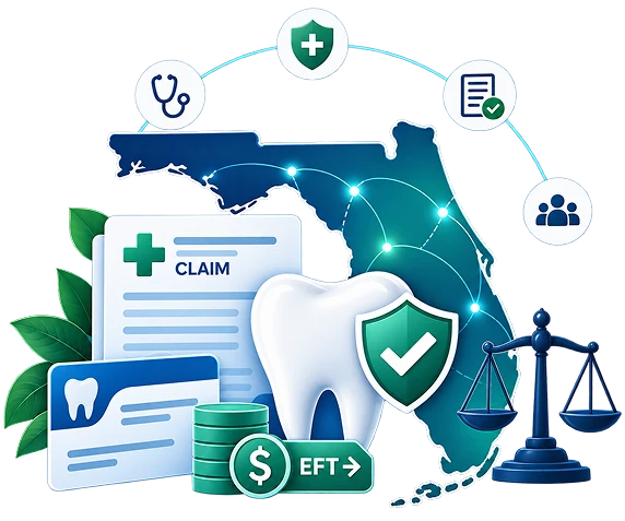 Florida map connected to compliance icons, with dental claim forms, a protected tooth, EFT payments, and the scales of justice.