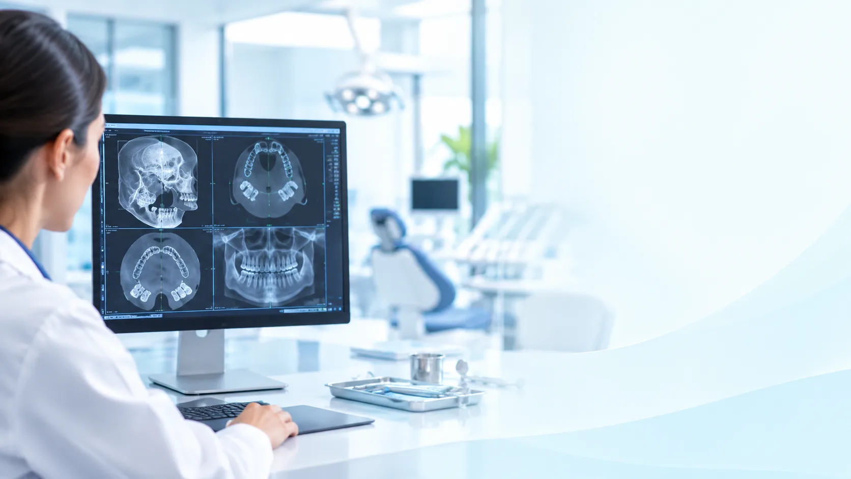 Dentist reviewing CBCT scan images of the jaw on a monitor