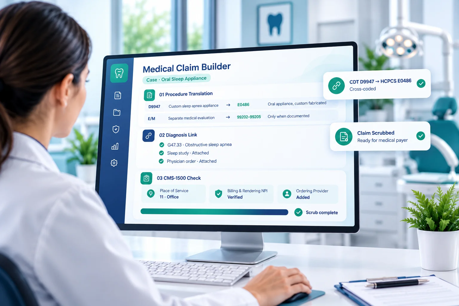 Dental billing specialist using the MedsDental medical claim builder to translate CDT D9947 to HCPCS E0486, link a sleep apnea diagnosis, and check the CMS-1500 claim