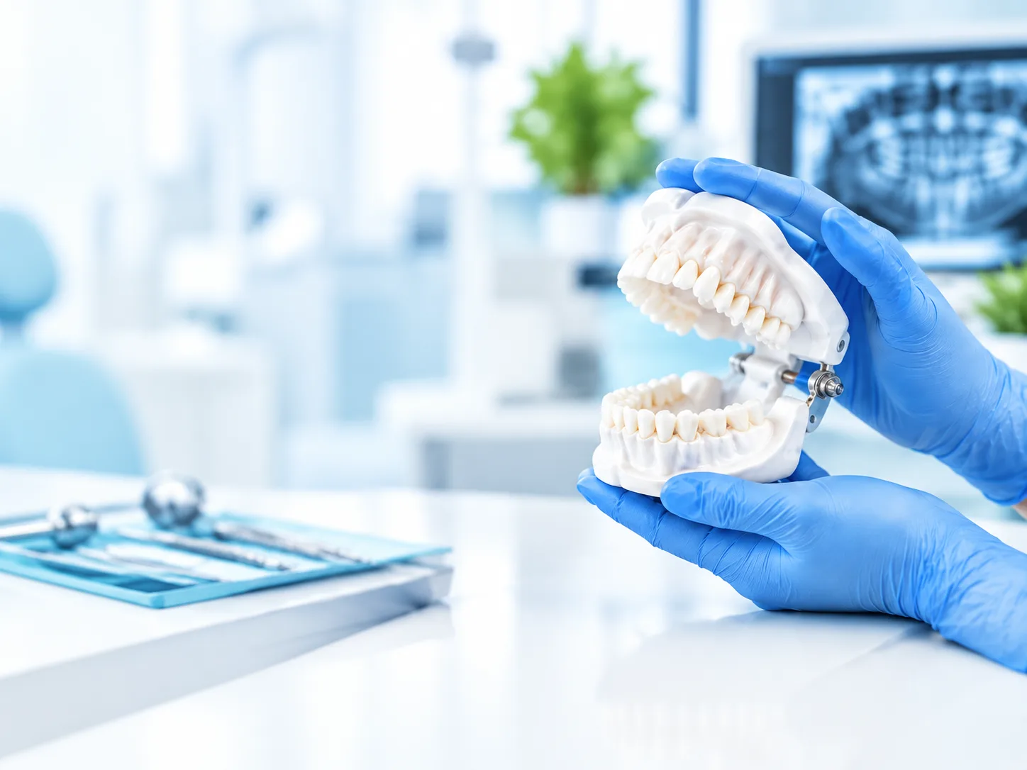 Gloved hands holding a dental jaw model in a dental office with X-ray images on a monitor