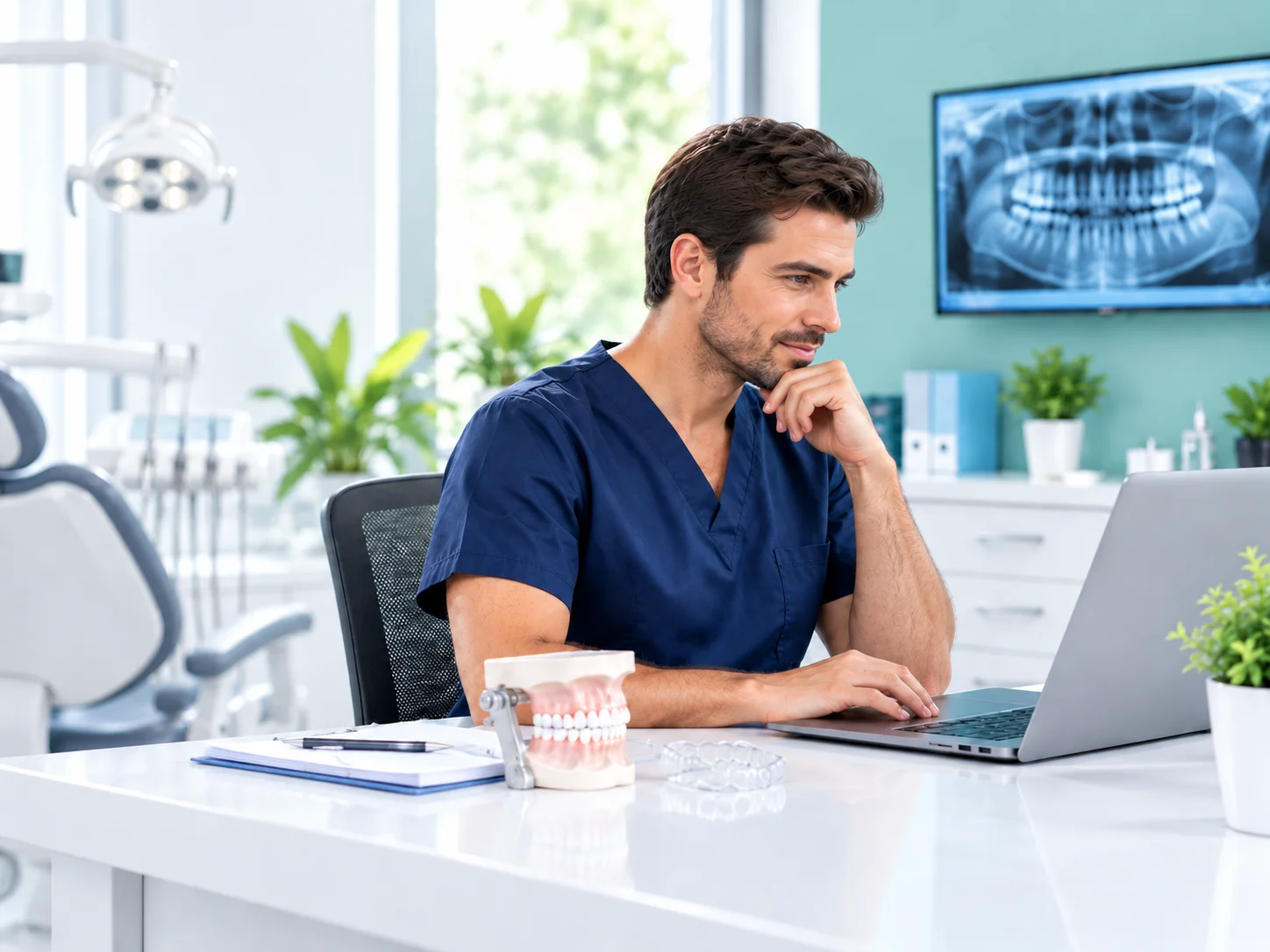 Dentist in scrubs reviewing a dental office medical claim on a laptop beside a dental model, with a panoramic X-ray on the wall behind him