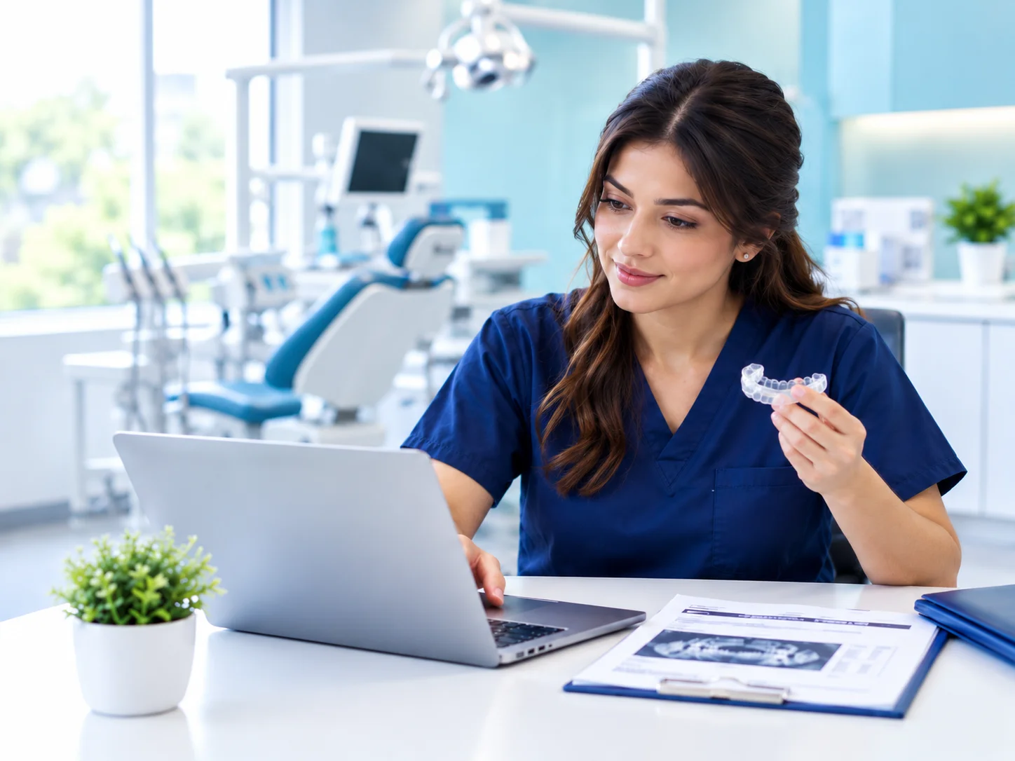 Dentist holding a clear oral appliance while reviewing a patient's case on a laptop in a dental office