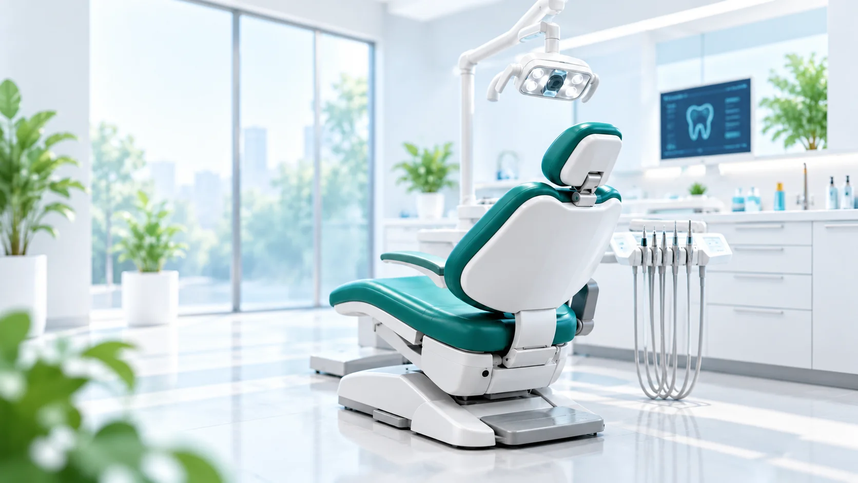 Modern dental operatory with a teal dental chair