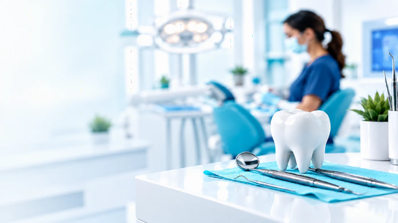 Dental assistant preparing a treatment room with a tooth model and dental instruments
