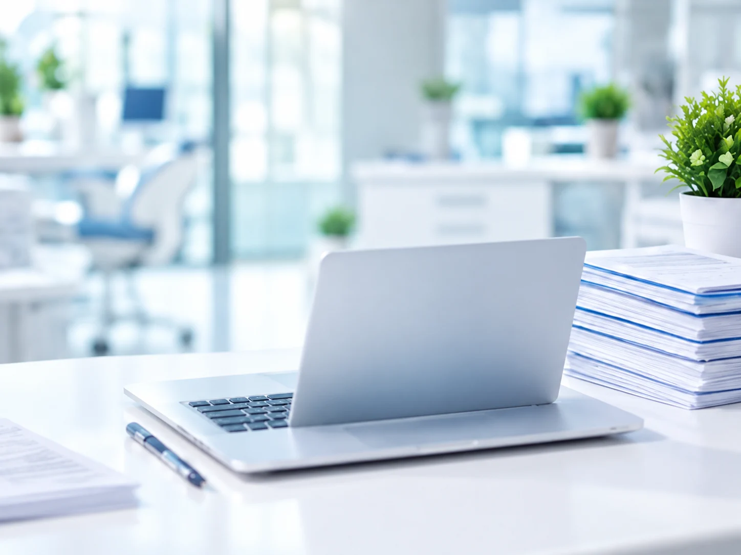 Laptop on an office desk beside stacked claim folders and a potted plant