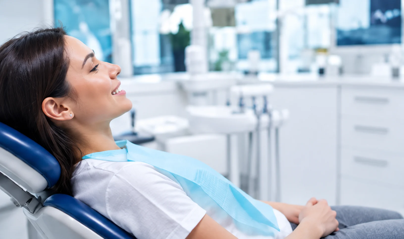 Patient relaxing in a dental chair before treatment