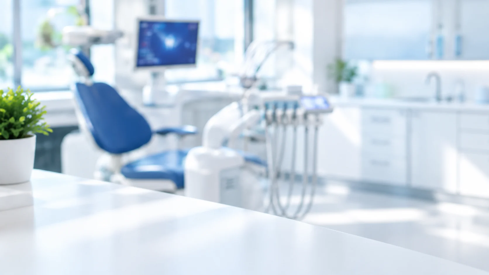 Bright dental operatory with a blue patient chair and treatment monitor