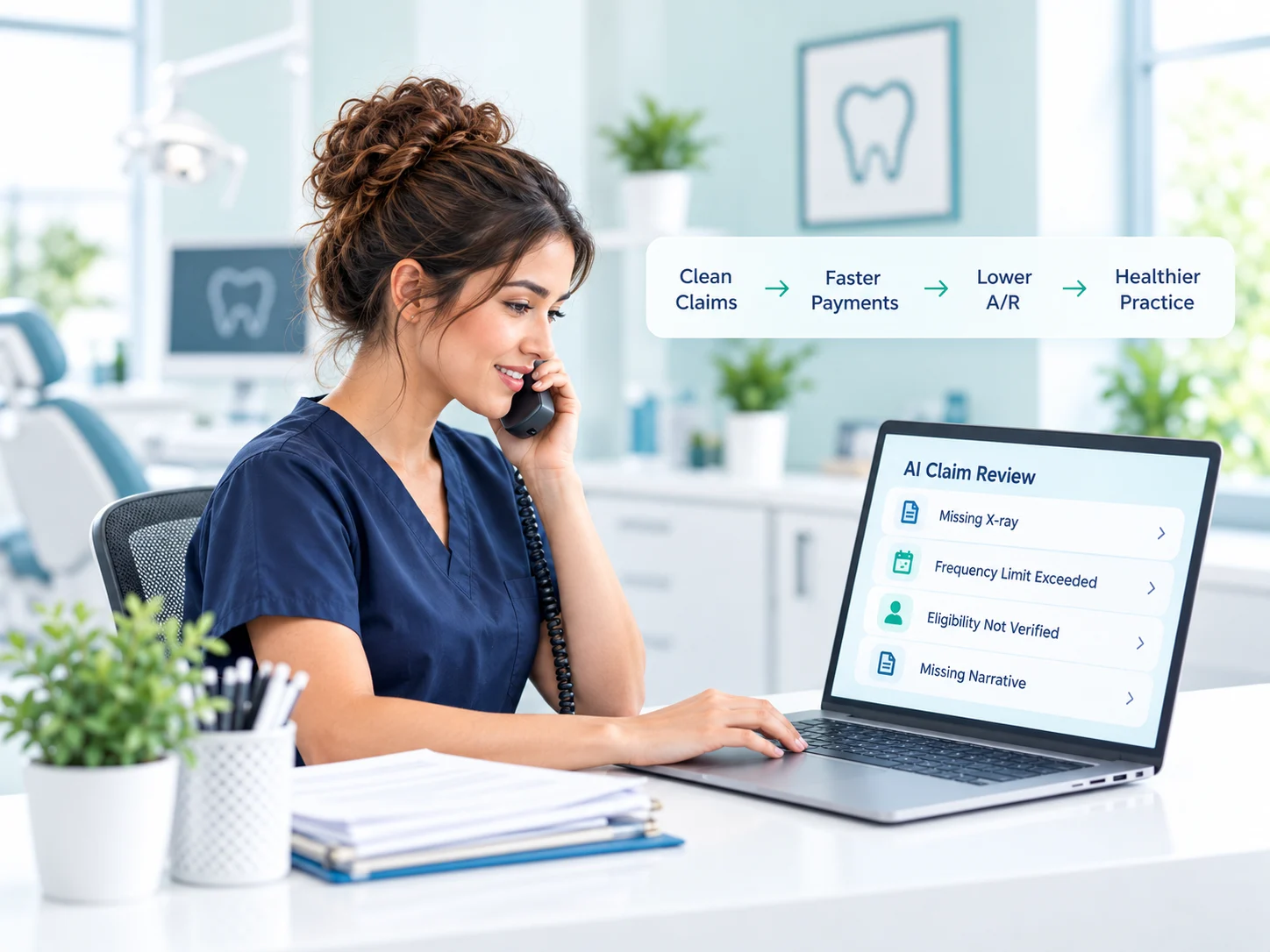 Dental billing specialist on the phone reviewing an AI claim review checklist on a laptop