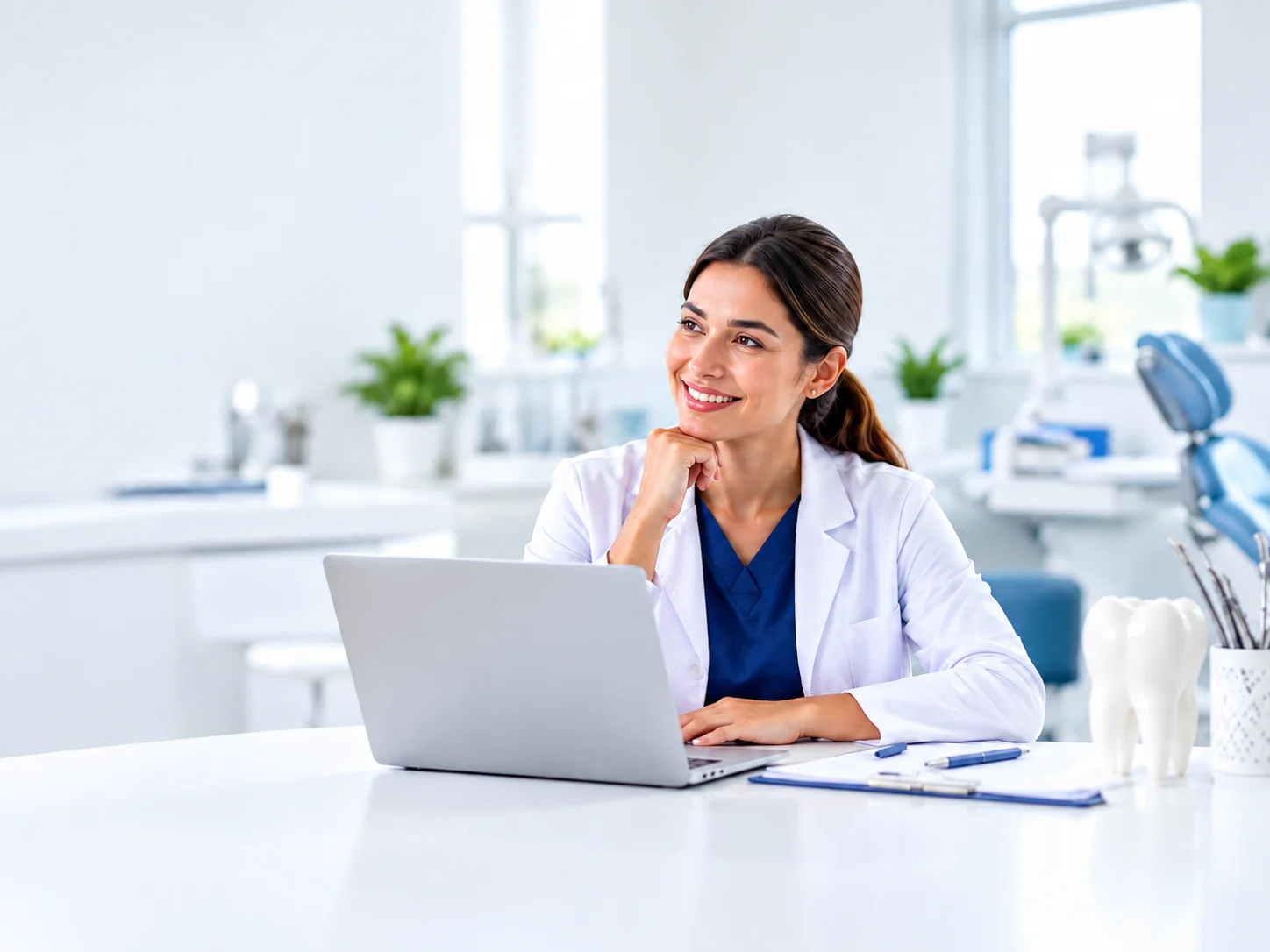 Smiling dentist working on a laptop in a bright dental office